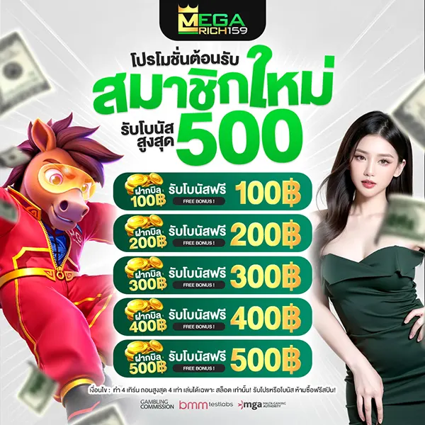 Megarich159 โปรโมชั่นต้อนรับสมาชิกใหม่ รับโบนัสสูงสุด 500
